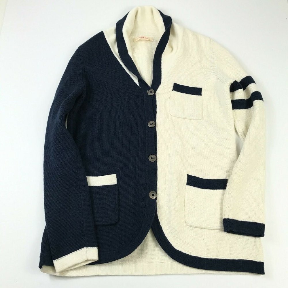 Brooks Brothers Two-Tone Navy and Cream Shawl Collar Cardigan